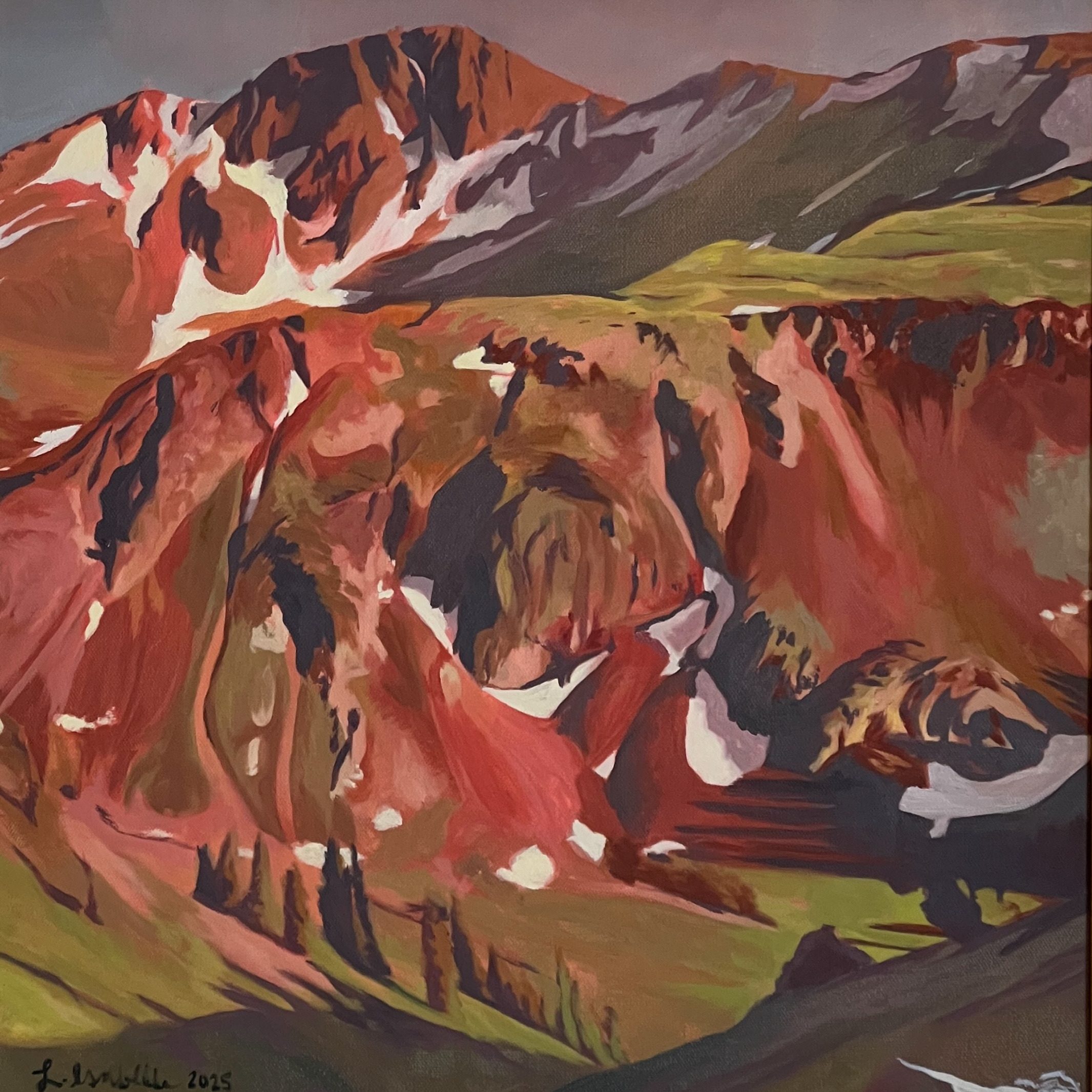 A steep red and orange mountainside under a grey sky, with snowfields painted as flat white shapes and green tundra running along the ridge and down into the valley.